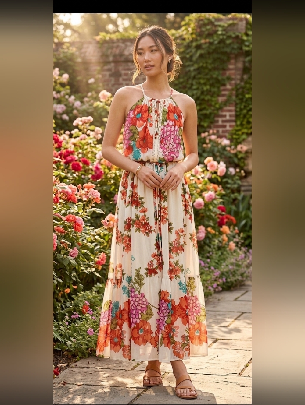 Soieblu Floral Halter Maxi Dress Ivory Coral Large